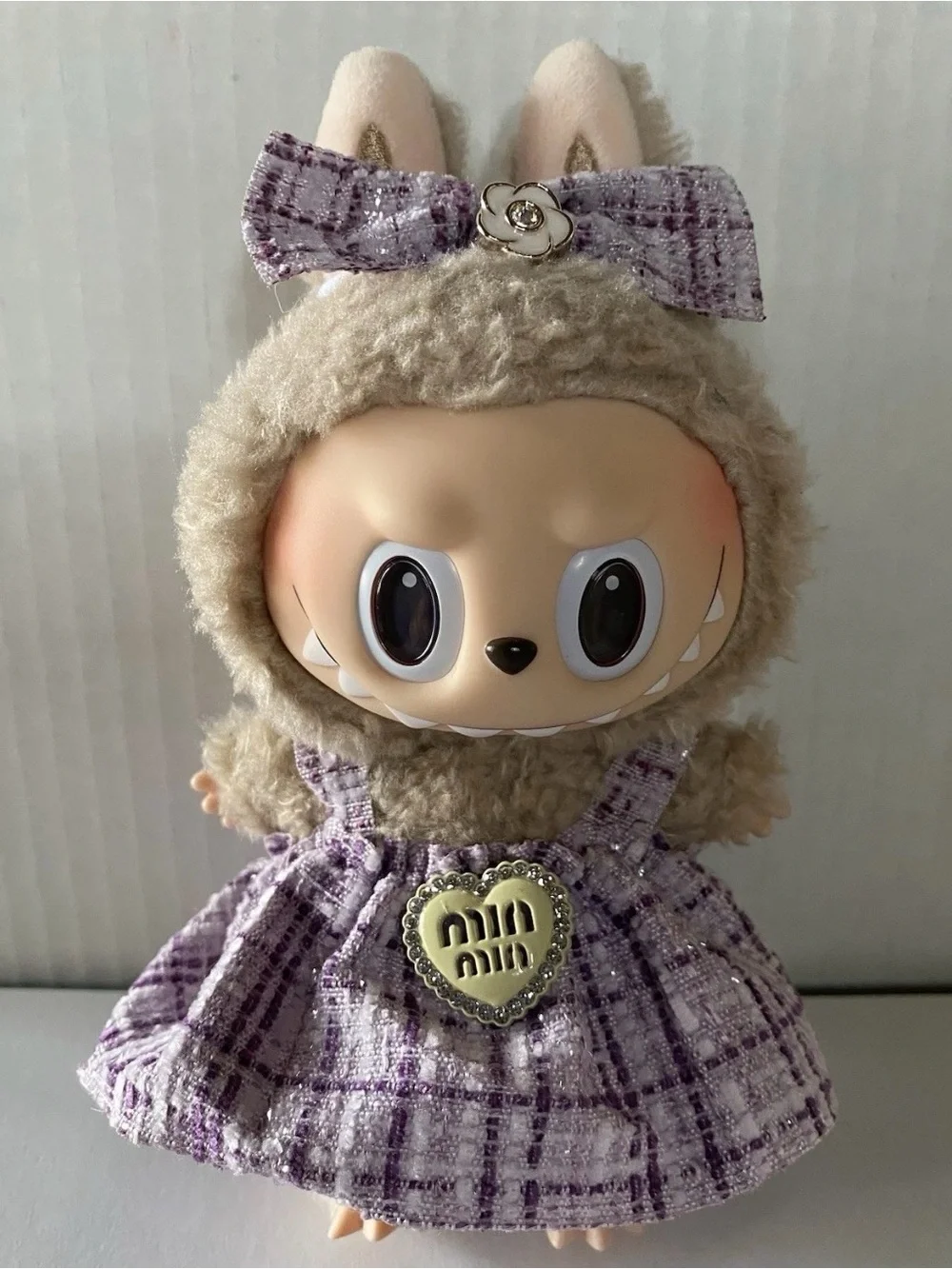 Monster TWEED Purple DESIGNER Style DRESS W/ Hair BOW - Labubu Doll NOT INCLUDED